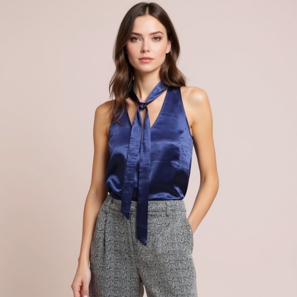 Anthropologie Maeve Satin Tie Neck Blouse Navy 💙 Blue Slinky Swing Top Size 6